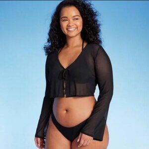 wild fable Black Sheer Long Sleeve Swim Coverup